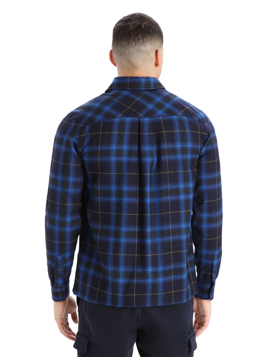 Men's Icebreaker Merino Dawnder Long Sleeve Flannel Shirt Plaid Hoodie Midnight Navy | CA 1692FDNM